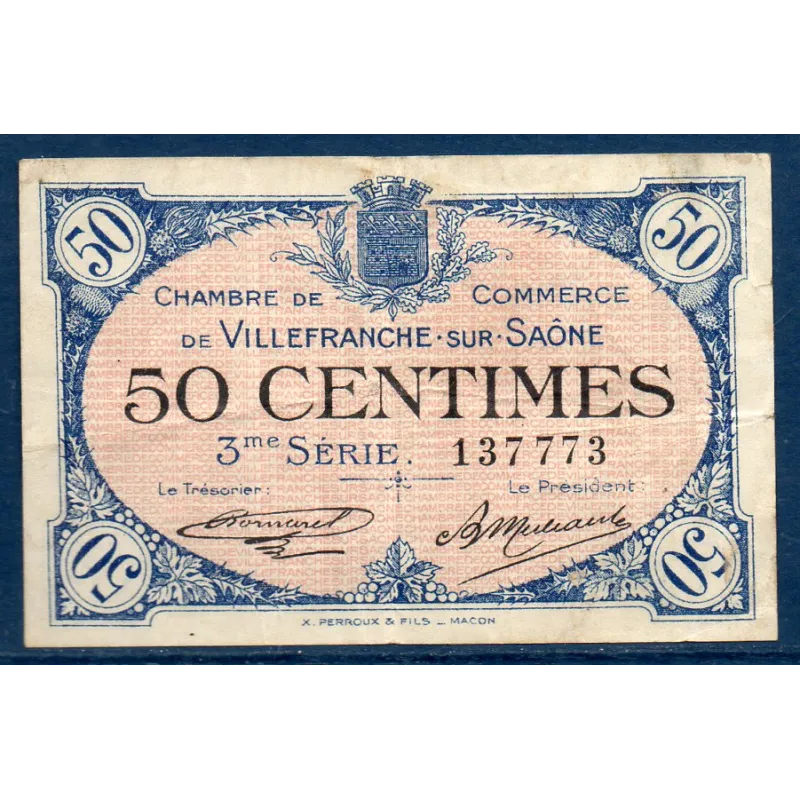 Villefranche s/ Saône 50 centimes, TB, 30.4.1920 Pirot 129.7 Billet de la chambre de commerce