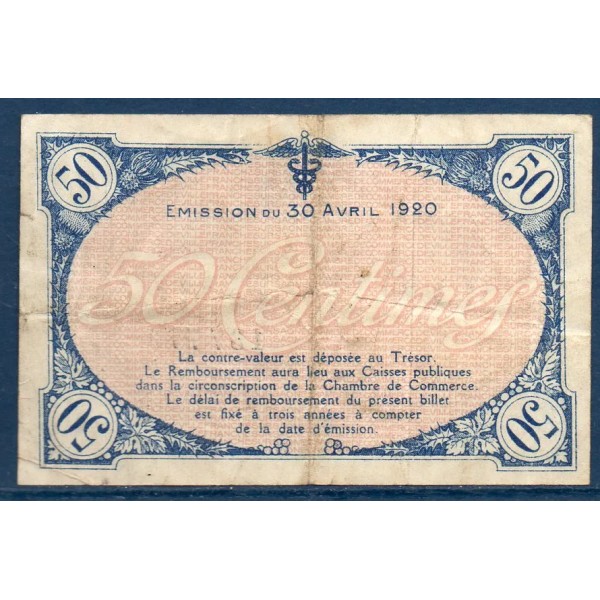 Villefranche s/ Saône 50 centimes, TB, 30.4.1920 Pirot 129.7 Billet de la chambre de commerce