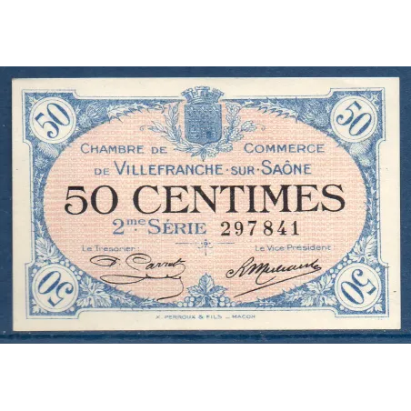 Villefranche s/ Saône 50 centimes, Neuf, 30.6.1918 Pirot 129.7 Billet de la chambre de commerce