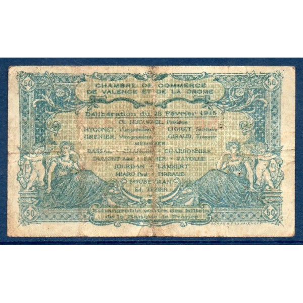 Valence 50 centimes, TB, 23.2.1915 Pirot 127.2 Billet de la chambre de commerce