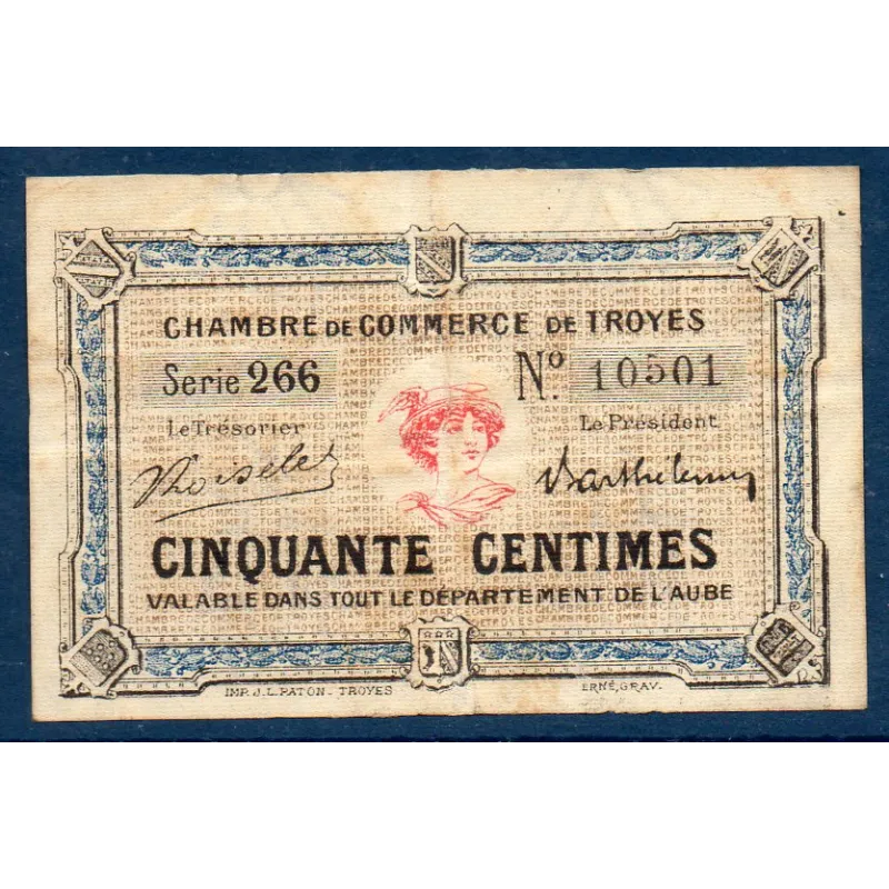 Troyes 50 centimes, TB, ND Pirot 124.9 Billet de la chambre de commerce