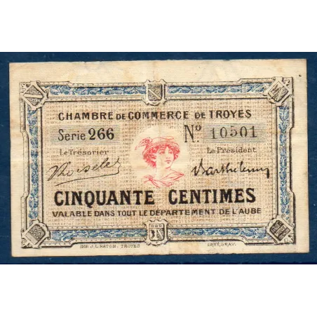 Troyes 50 centimes, TB, ND Pirot 124.9 Billet de la chambre de commerce