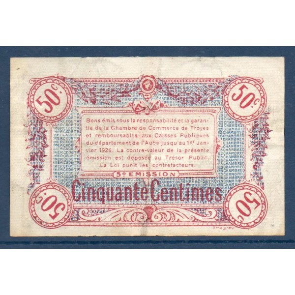 Troyes 50 centimes, TB, ND Pirot 124.9 Billet de la chambre de commerce
