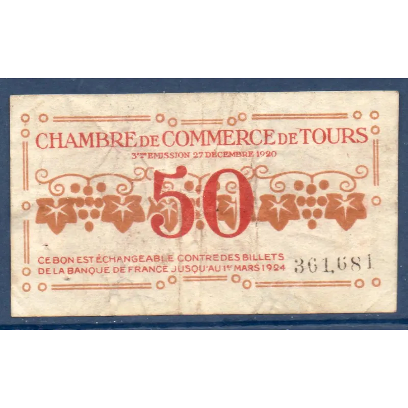 Tours 50 centimes, TB, 27.12.1920 Pirot 123.6 Billet de la chambre de commerce