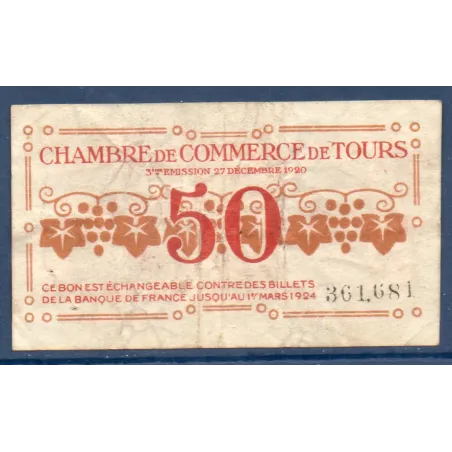 Tours 50 centimes, TB, 27.12.1920 Pirot 123.6 Billet de la chambre de commerce