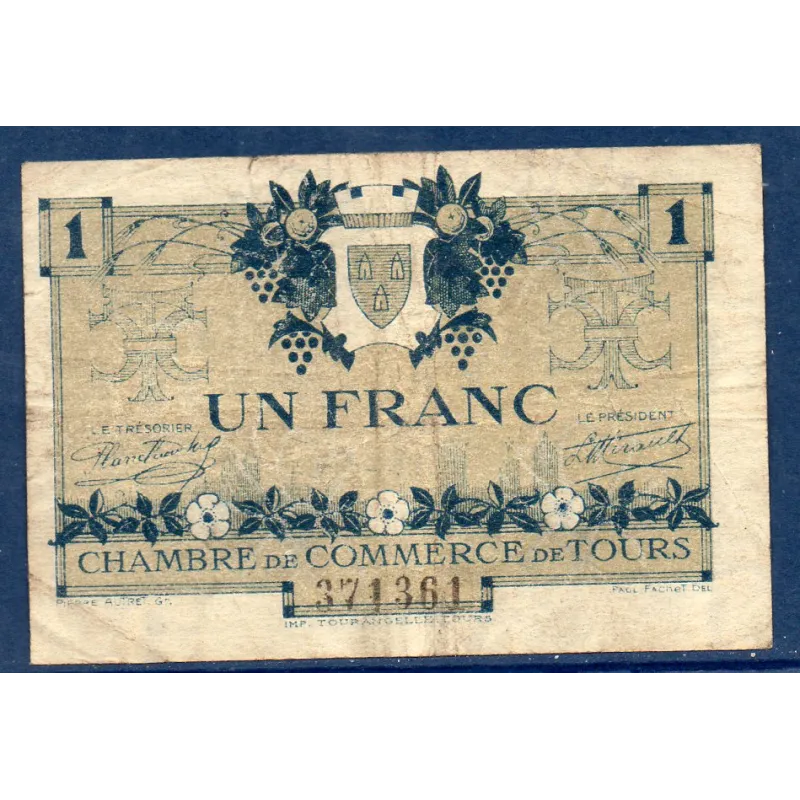Tours 1 franc, TB-, 8.5.1920 Pirot 123.4 Billet de la chambre de commerce Tours 1 franc, TB-, 8.5.1920 Pirot 123.4 Billet de la chambre de commerce