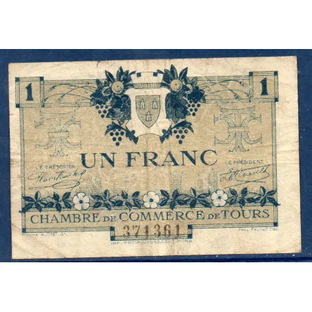 Tours 1 franc, TB-, 8.5.1920 Pirot 123.4 Billet de la chambre de commerce