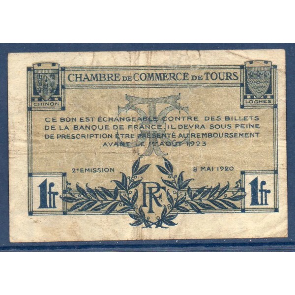 Tours 1 franc, TB-, 8.5.1920 Pirot 123.4 Billet de la chambre de commerce