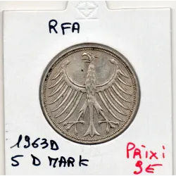 Allemagne RFA 5 deutche mark 1963 D, Sup KM 112 pièce de monnaie