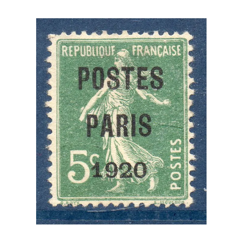 Timbre France Préoblitérés Yvert 24 semeuse poste Paris 1920 5c vert neuf sans gomme Timbre France Préoblitérés Yvert 24 semeuse poste Paris 1920 5c vert neuf sans gomme