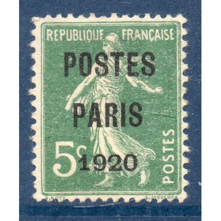 Timbre France Préoblitérés Yvert 24 semeuse poste Paris 1920 5c vert neuf sans gomme