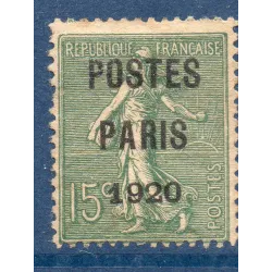 Timbre France Préoblitérés Yvert 25 semeuse poste Paris 1920 15c vert olive neuf  sans gomme