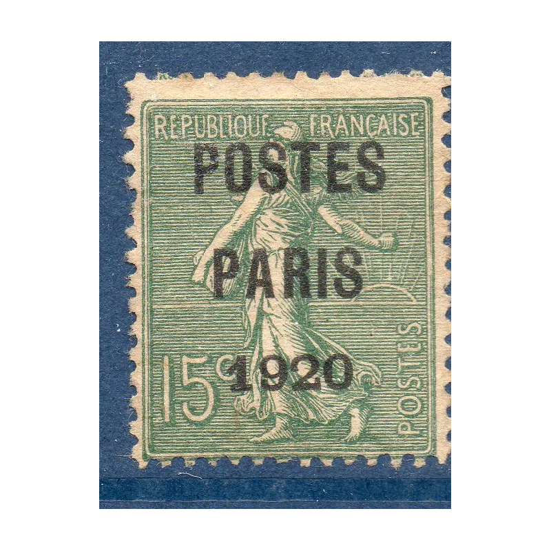Timbre France Préoblitérés Yvert 25 semeuse poste Paris 1920 15c vert olive neuf sans gomme Timbre France Préoblitérés Yvert 25 semeuse poste Paris 1920 15c vert olive neuf sans gomme