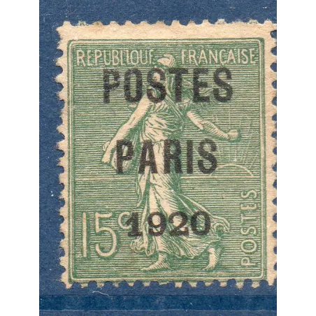 Timbre France Préoblitérés Yvert 25 semeuse poste Paris 1920 15c vert olive neuf  sans gomme