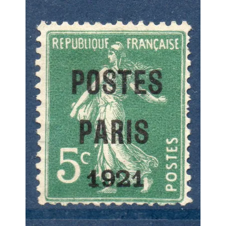 Timbre France Préoblitérés Yvert 26 semeuse poste Paris 1921 5c vert neuf sans gomme signé