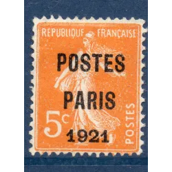 Timbre France Préoblitérés Yvert 27 semeuse poste Paris 1921 5c orange neuf sans gomme