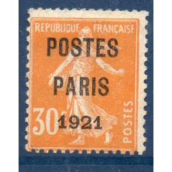 Timbre France Préoblitérés Yvert 29 semeuse poste Paris 1921 30c orange neuf sans gomme