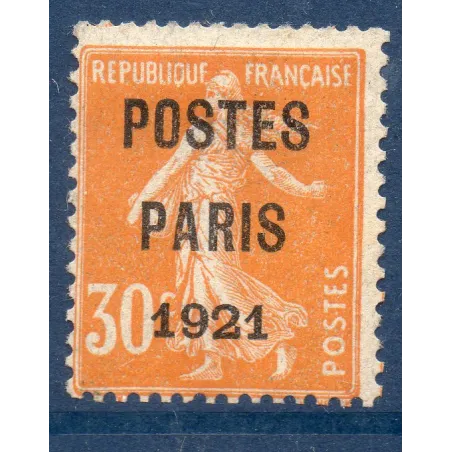 Timbre France Préoblitérés Yvert 29 semeuse poste Paris 1921 30c orange neuf sans gomme