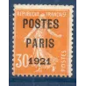 Timbre France Préoblitérés Yvert 29 semeuse poste Paris 1921 30c orange neuf sans gomme
