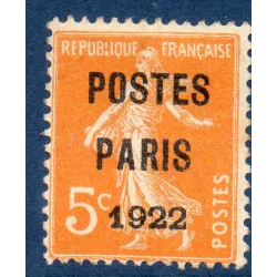 Timbre France Préoblitérés Yvert 30 semeuse poste Paris 1922 5c orange neuf sans gomme