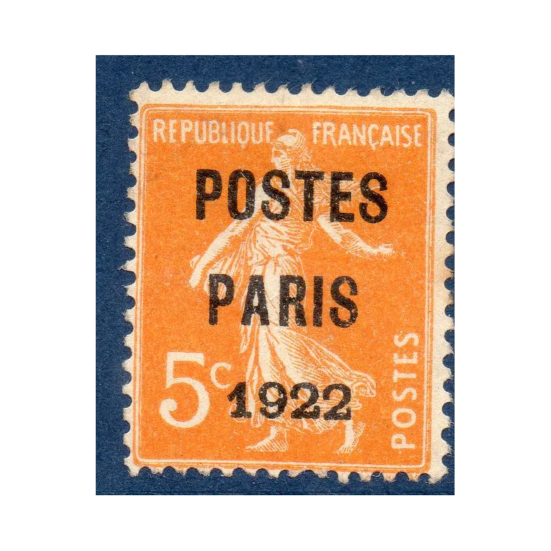 Timbre France Préoblitérés Yvert 30 semeuse poste Paris 1922 5c orange neuf sans gomme Timbre France Préoblitérés Yvert 30 semeuse poste Paris 1922 5c orange neuf sans gomme