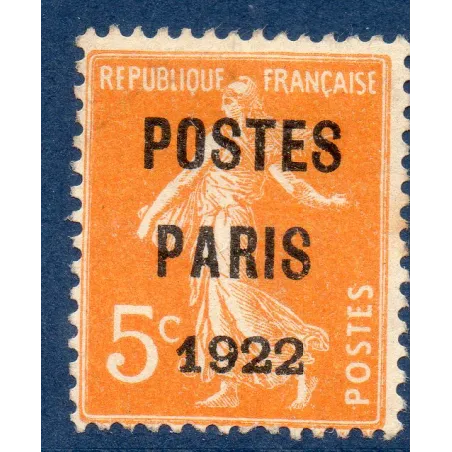 Timbre France Préoblitérés Yvert 30 semeuse poste Paris 1922 5c orange neuf sans gomme
