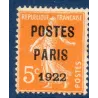 Timbre France Préoblitérés Yvert 30 semeuse poste Paris 1922 5c orange neuf sans gomme