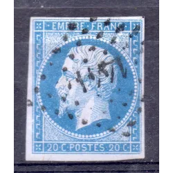 Timbre France Yvert No 14Ae Type I Empire 20c Bleu sur lilas Oblitéré Petits chiffres