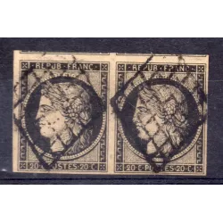 Timbre France Yvert paire No 3 Type Cérès 20c Noir sur jaune Oblitéré Grille