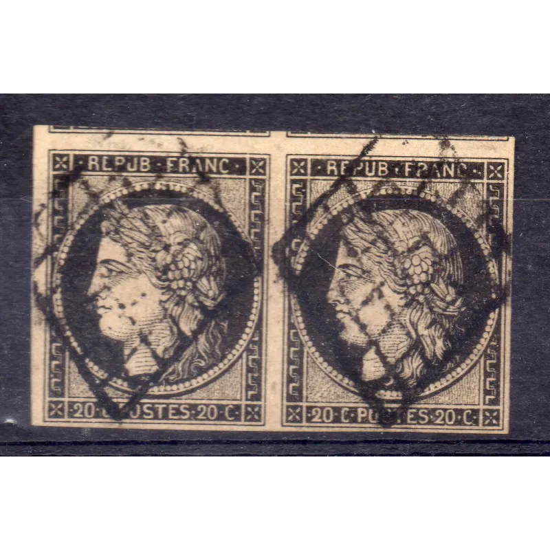 Timbre France Yvert paire No 3 Type Cérès 20c Noir sur jaune Oblitéré Grille Timbre France Yvert paire No 3 Type Cérès 20c Noir sur jaune Oblitéré Grille