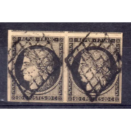 Timbre France Yvert paire No 3 Type Cérès 20c Noir sur jaune Oblitéré Grille