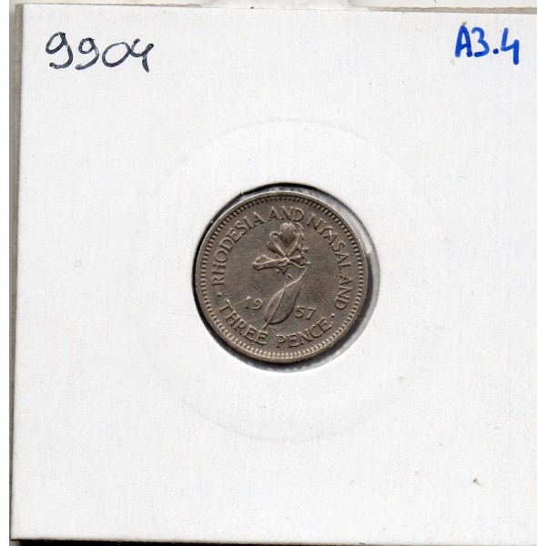 Rhodésie et Nyassaland 3 pence 1957 TTB, KM.3 Lis de Malabar