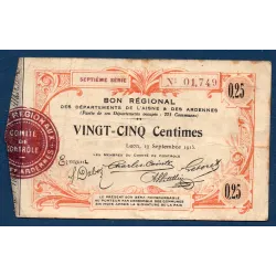 Bon régional Aisne et Ardennes (Laon) 25 centimes, TB, 19.9.1915 Pirot 02-1300 Billet