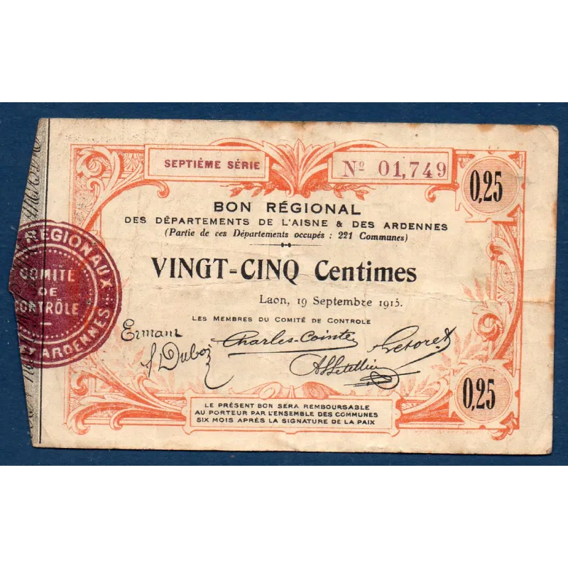Bon régional Aisne et Ardennes (Laon) 25 centimes, TB, 19.9.1915 Pirot 02-1300 Billet Bon régional Aisne et Ardennes (Laon) 25 centimes, TB, 19.9.1915 Pirot 02-1300 Billet