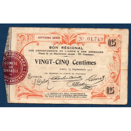 Bon régional Aisne et Ardennes (Laon) 25 centimes, TB, 19.9.1915 Pirot 02-1300 Billet