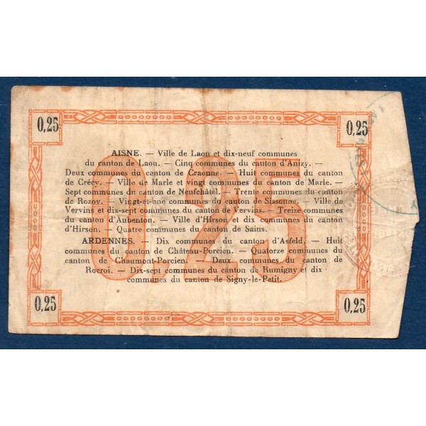 Bon régional Aisne et Ardennes (Laon) 25 centimes, TB, 19.9.1915 Pirot 02-1300 Billet