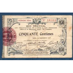 Bon régional Aisne et Ardennes (Laon) 50 centimes, TB, 19.9.1915 Pirot 02-1301 Billet