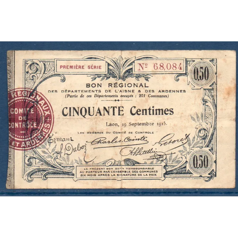 Bon régional Aisne et Ardennes (Laon) 50 centimes, TB, 19.9.1915 Pirot 02-1301 Billet