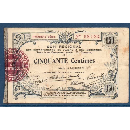 Bon régional Aisne et Ardennes (Laon) 50 centimes, TB, 19.9.1915 Pirot 02-1301 Billet