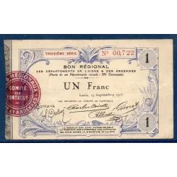 Bon régional Aisne et Ardennes (Laon) 1 franc, TB+, 19.9.1915 Pirot 02-1302 Billet