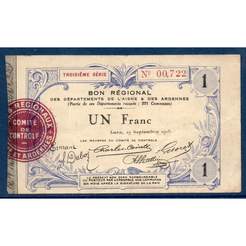 Bon régional Aisne et Ardennes (Laon) 1 franc, TB+, 19.9.1915 Pirot 02-1302 Billet Bon régional Aisne et Ardennes (Laon) 1 franc, TB+, 19.9.1915 Pirot 02-1302 Billet
