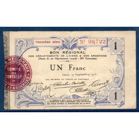 Bon régional Aisne et Ardennes (Laon) 1 franc, TB+, 19.9.1915 Pirot 02-1302 Billet