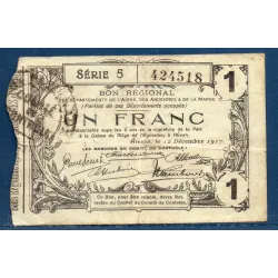 Bon régional Aisne, Ardennes et Marne (Hirson) 1 franc, TB, 12.12.1917 Pirot 02-1203 Billet