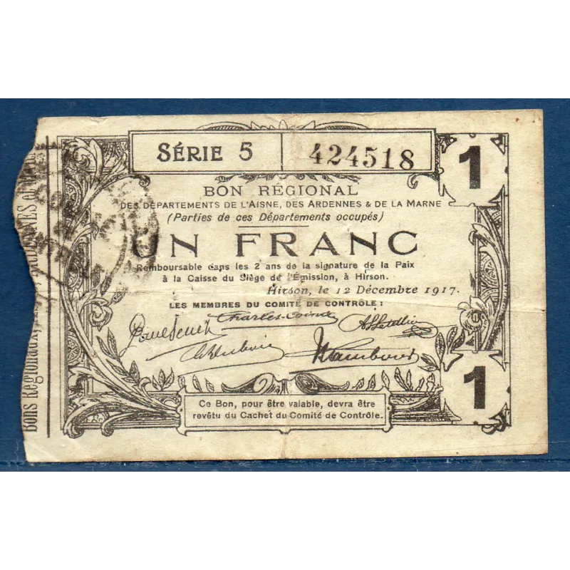 Bon régional Aisne, Ardennes et Marne (Hirson) 1 franc, TB, 12.12.1917 Pirot 02-1203 Billet