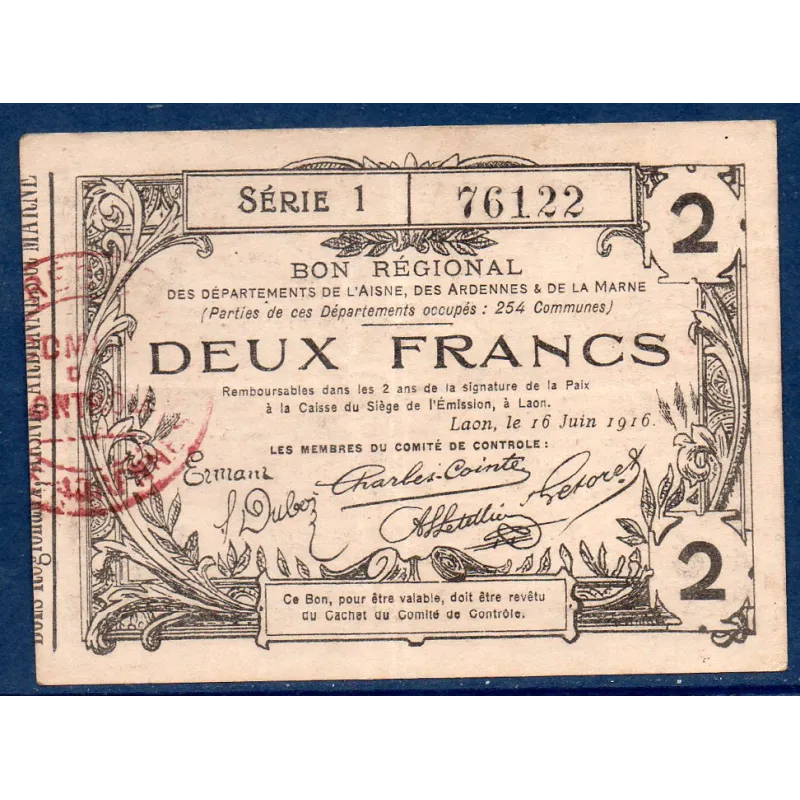 Bon régional Aisne, Ardennes et Marne (Laon) 2 francs, TTB, 16.6.1916 Pirot 02-1310 Billet Bon régional Aisne, Ardennes et Marne (Laon) 2 francs, TTB, 16.6.1916 Pirot 02-1310 Billet