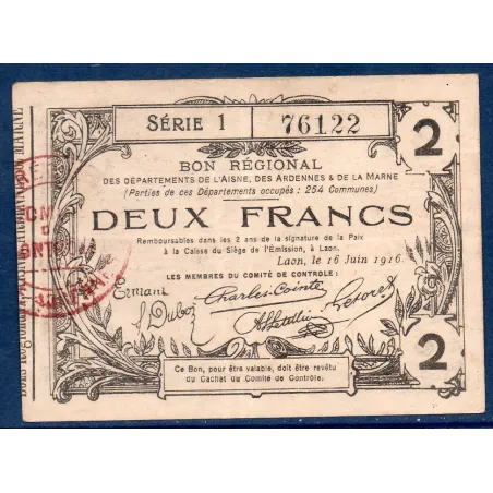 Bon régional Aisne, Ardennes et Marne (Laon) 2 francs, TTB, 16.6.1916 Pirot 02-1310 Billet
