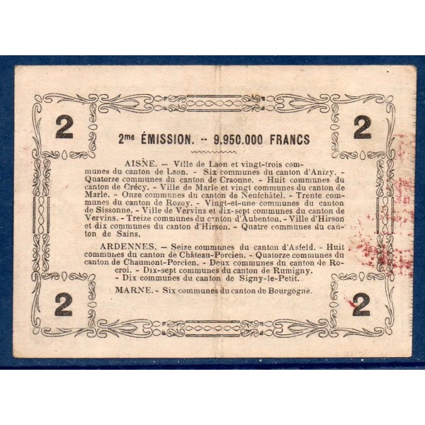 Bon régional Aisne, Ardennes et Marne (Laon) 2 francs, TTB, 16.6.1916 Pirot 02-1310 Billet