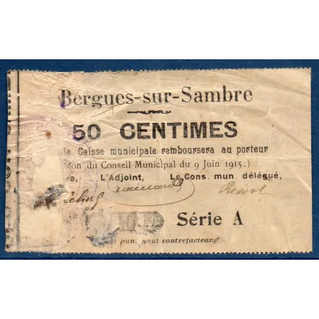 Bon municipal Bergues-sur-Sambre 50 centimes, AB, 9.6.1915 Pirot 02-209 Billet