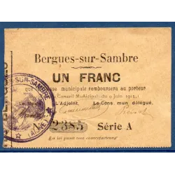Bon municipal Bergues-sur-Sambre 1 franc, TTB, 9.6.1915 Pirot 02-210 Billet