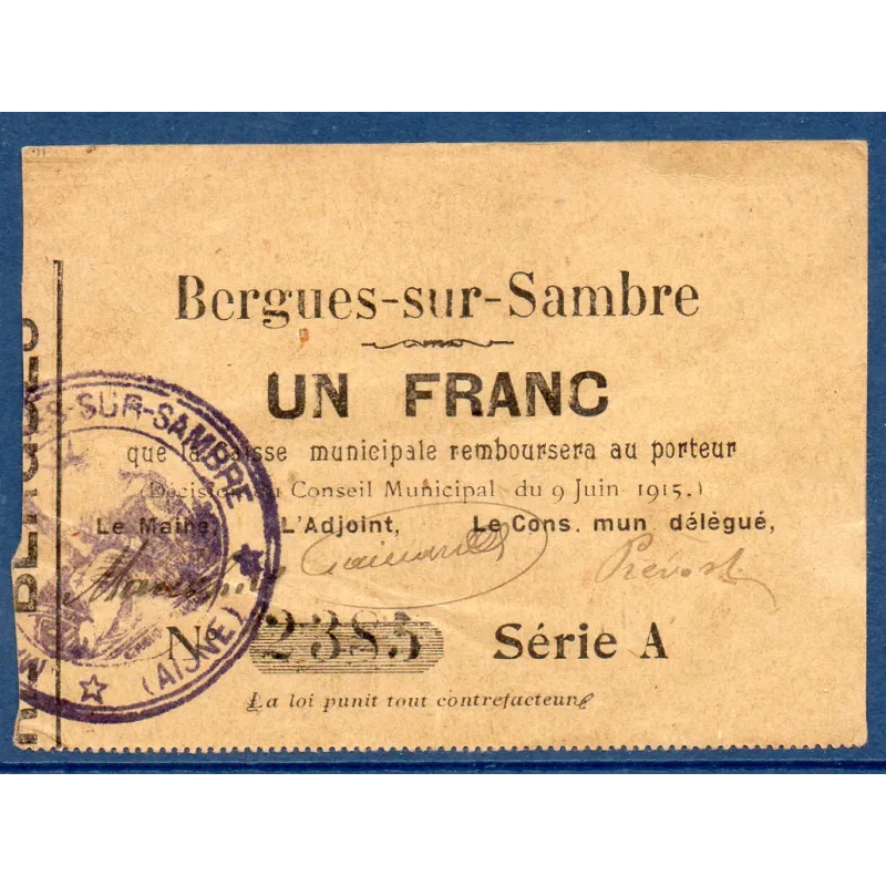 Bon municipal Bergues-sur-Sambre 1 franc, TTB, 9.6.1915 Pirot 02-210 Billet Bon municipal Bergues-sur-Sambre 1 franc, TTB, 9.6.1915 Pirot 02-210 Billet